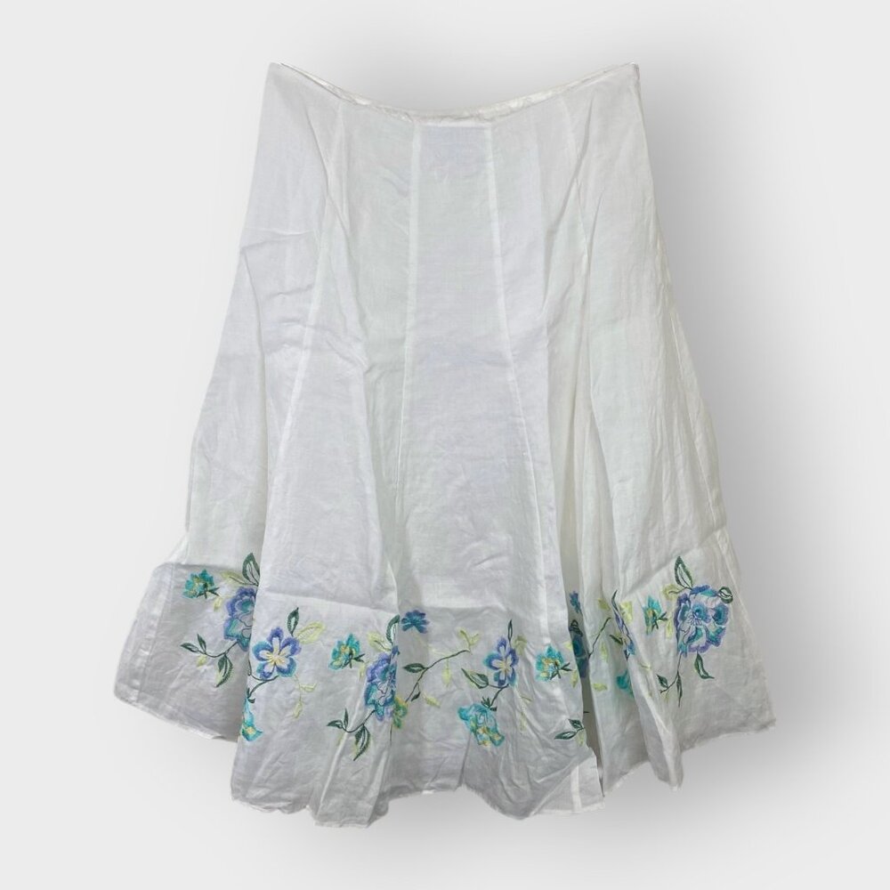 Allison Taylor Linen Midi Skirt | 8 | White Embroidered | Beachy Coastal Fairy